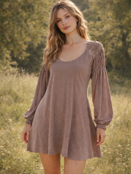 Free People Dresses & Skirts - Free People Boho Tunic Dress‎ Large Taupe Lace Ruched Romantic Flowy Cottagecore